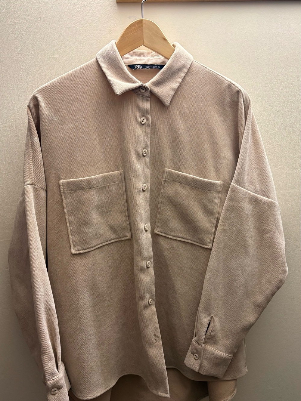 Zara Light Taupe Button-Up Oversized Shirt Jacket
